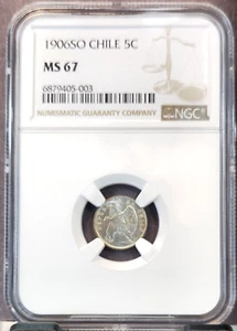 1906 CHILE SILVER 5 CENTAVOS 5C DEFIANT CONDOR NGC MS 67 EXTREMELY RARE TOP POP - Picture 1 of 5
