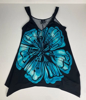 New Directions Women’s Small Shirt Tank Top Black Teal Floral Beaded Tunic Poly  - Image 1 of 4