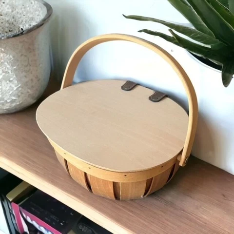 Wood Picnic Basket with Handle, Attached Lid and Faux Leather Straps / Hinges Cover