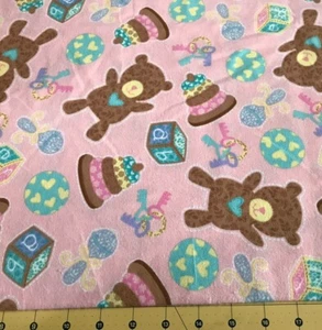 Bear and Other Toys Pink 30" X 42"  Flannel fabric #1335a - Picture 1 of 1