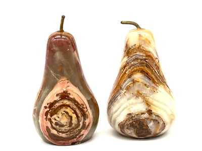 Vintage Polished Stone Pears Colorful Fruit Hand Carved Applied Bronze Stems Set - Image 1 of 4