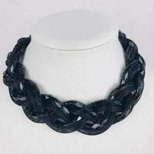 6 Strand Chunky Braid Necklace Black Metal Mesh Tube and Cylinder Link Chain 18” - Picture 1 of 9