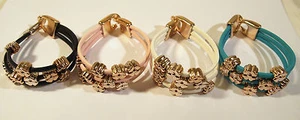 A Beautiful Geniune Leather Bracelet With Golden Flower Beads - Picture 1 of 2