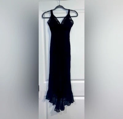 Vintage Free People Black Silk Maxi Dress Lace Whimsy Goth Elegant Classic - Image 1 of 4