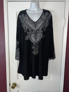 EFFORTLESS STYLE BY CITIKNITS QVC LONG SLEEVE V-NECK TUNIC PAISLEY Black XL - Picture 1 of 9