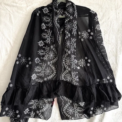 Betsey Johnson Scarf Sheer Oversized Embroidered 32x80' Ruffle Hem Whimsigoth - Image 1 of 4