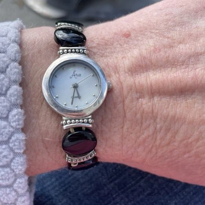 ARIA Sterling Silver/925 Spacers And Onyx Quartz Stretch Bracelet Watch - Изображение 1 из 4