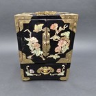 Vintage Chinese Black Lacquer Jewelry Box Cabinet Mother of Pearl Inlay Brass
