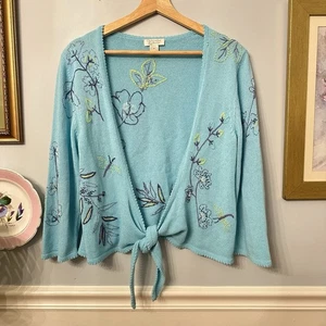 Cardigan vintage ricamato floreale medio verde acqua libellula anni 90 Y2K Cottagecore grosso - Foto 1 di 5