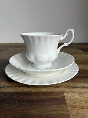 vintage ROYAL ALBERT England Bone China White "Reverie" TEACUP TRIO #2 - image 1 of 4