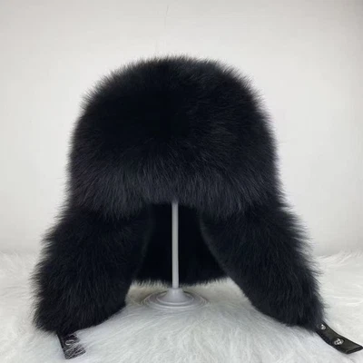 Men's Real Fox Fur Hat Russian Ushanka Trapper Hunter Hat Real Leather Warm Cap - Image 1 of 4