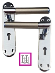 Door Handles Chrome & Satin Nickel Duo Finish INTERIOR LEVER LOCK Mitred - Picture 1 of 11