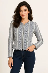 Adrienne Vittadini Small Woven Cotton Fringe Tweed Zip Jacket Blue White New Tag - Picture 1 of 17