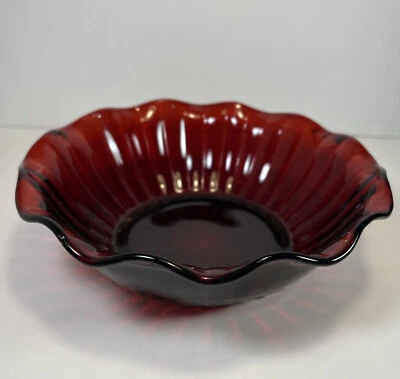 Vintage Anchor Hocking Royal Ruby Red Glass Berry Bowl Scalloped Ruffle Edge - Image 1 of 4