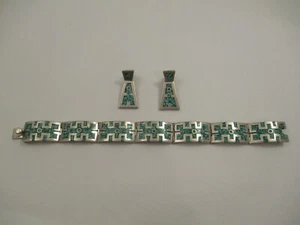 Vintage Sterling Silver Turquoise Chip Panel Link Bracelet Earring Set 66.7g - Picture 1 of 12
