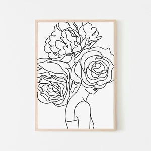 Flower Women One Line Art Drawing Wall Prints. Perfect Minimalist Decor - Picture 1 of 7