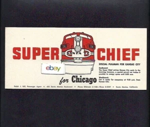 SANTA FE RAILROAD INCHIOSTRO BLOTTER SUPER CHIEF PULLMAN KANSAS CITY-CHICAGO INUTILIZZATO - Foto 1 di 1