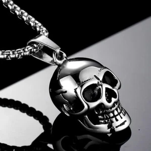 Silver Skull Pendant Necklace -  Steampunk, Goth, Biker , Punk Jewelry - Picture 1 of 6