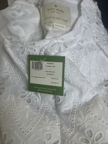Abito Kate Spade con occhielli in pizzo a turno spezie cose su mini flutter bianco taglia L nuovo