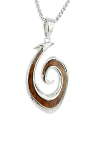 Hawaiian Fish Hook Pendant - Hawaii Koa Wood, Rhodium over Brass, 20" Necklace - Picture 1 of 8