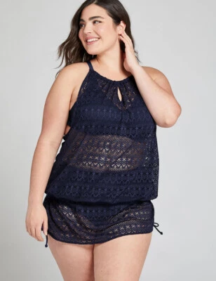 LANE BRYANT CACIQUE NATACIÓN AZUL MARINO CROCHET BALCONETTE SUJETADOR BLUSA TANKINI TOP 44DDD Foto 1 de 3