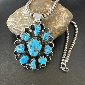 Blue Kingman Turquoise Navajo Sterling Silver Cluster Pendant 3" 17417 - Picture 1 of 13