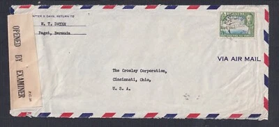 BERMUDA 1945 WW2 7&1/2D EN CUBIERTA DE CORREO AÉREO CENSURADO HAMILTON A CINCINNATI OHIO EE. UU. Foto 1 de 2
