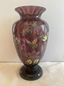 Antique Amethyst Glass Vase Moser Style HP Butterfly & Flowers