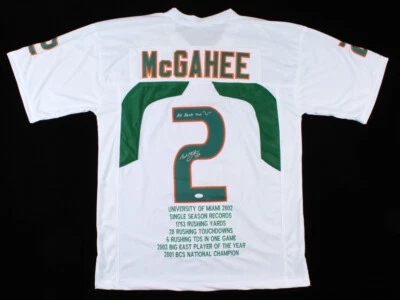 CAMISETA ESTADÍSTICA PERSONALIZADA AUTOGRAFIADA POR WILLIS MCGAHEE (MIAMI HURRICANES) - ¡CERTIFICADO DE AUTENTICIDAD JSA! Foto 1 de 4