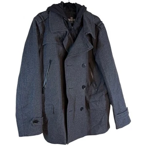 Express Wool Pea Coat Jacket Men XL Gray Hooded Full Zip Button Dressy Classic - Picture 1 of 14