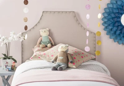 Denham Taupe Linen Upholstered Headboard - Silver Nailhead (Twin) - Image 1 of 3