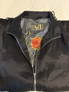 EUC Mycra Pac One Women’s M L Short Rain Coat Black Iridescent Embroidery - Picture 1 of 18