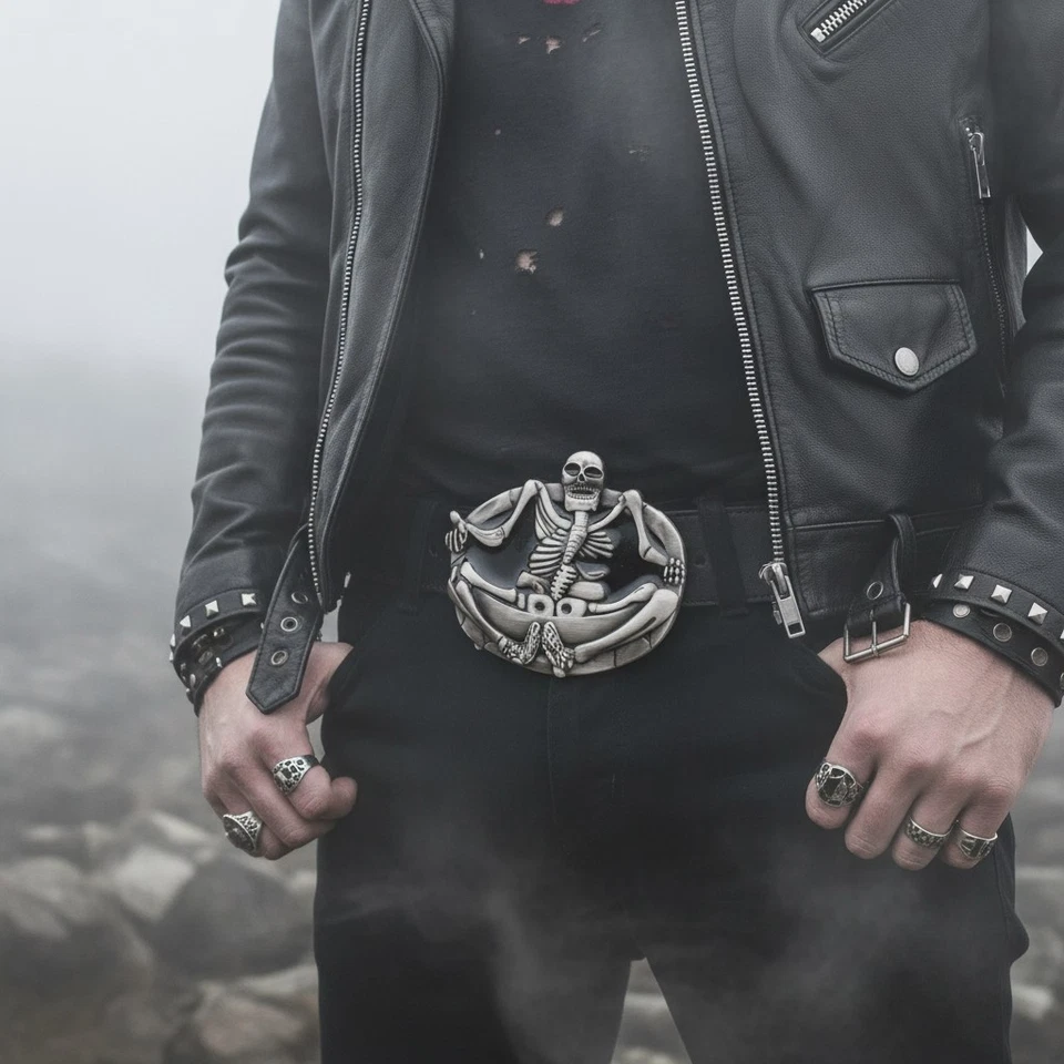 Uomo Donna Argento Cintura Fibbia Teschio Scheletro Big Yoga Ossa Body Halloween - Immagine 1 di 4