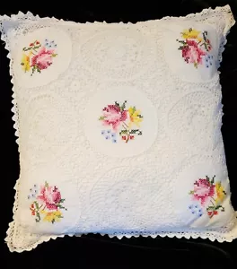 Handmade White Crochet Cross Stitch Rose Floral Pillow COVER 16x16 Embroidered - Picture 1 of 6