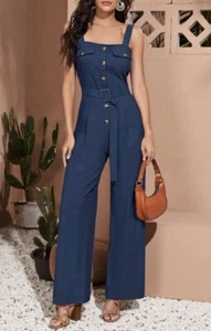Flap Pocket Detail Buckle Belted Palazzo Jumpsuit Size L - Picture 1 of 5