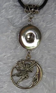 Black leather necklace with 18mm Silver Snap Pendant with fairy - Picture 1 of 1