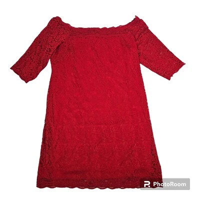Lane Bryant Off Shoulder Red Dress Sz 24 Lace Overlay Stretch 3/4 Sleeves Sexy - Image 1 of 4