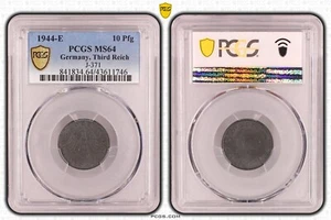 PCGS MS64 1944-E 10 Pfennig Pfg Germany, Third Reich J.371 WW2 *None higher* - Picture 1 of 4