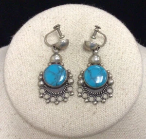 Vintage Sterling 925 Unique Southwestern Turquoise Screw Back Drop Earrings LL83 - Picture 1 of 3