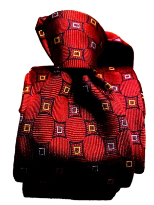 Итальянский мужской 100% шелковый галстук ручной работы красный с синим/золотым геометрическим узором от GENESIS - Изображение 1 из 4