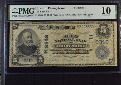 1902 Plain Back $5 Howard PA - The First NB CH#9249 VG-10 PMG Certified - Image 1 of 2