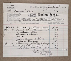 Sing Sing Ossining NY 1883 Billhead BARLOW & CO. English & American Hardware etc - Picture 1 of 2