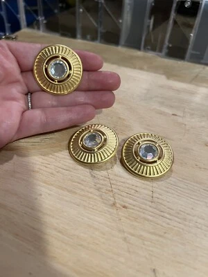 Set Of 3 Wonderful Large Gold Buttons with Crystals Rhinestones 1 1/4” Round - Image 1 of 3