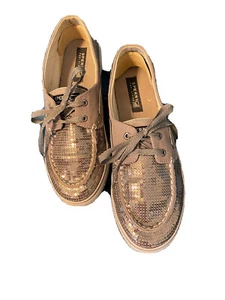 Sperry Bahama Pewter Top Siders Boat Shoes Women's Size 6 Silver Sequin - Picture 1 of 6