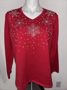 Quacker Factory L Red Rhinestone Snowflake Sweater Christmas Holiday Top Blouse - Picture 1 of 9
