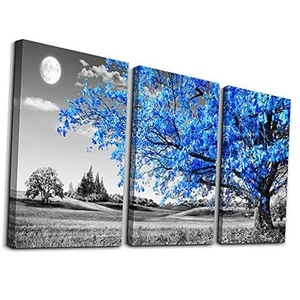 Wall Art For Living Room black and white Blue tree moon Canvas Wall Decor for - Picture 1 of 6