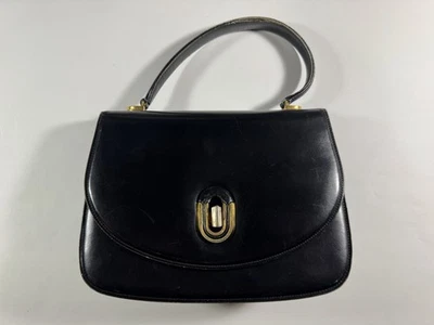 VINTAGE GUCCI HANDBAG '80s Well Preserved Smooth Black Leather Flap TwistClosure - Image 1 of 4