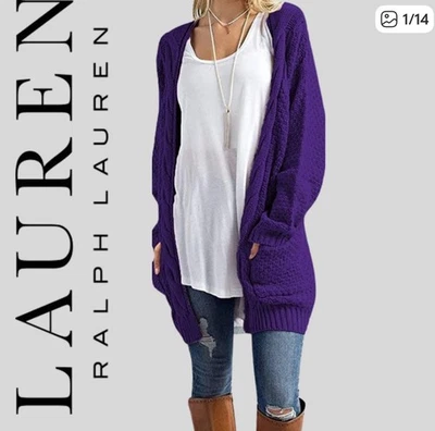 Cárdigan tejido cable púrpura tono joya etiqueta verde Lauren By Ralph Lauren $398 Foto 1 de 4