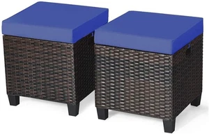 Giantex 2-Pcs Rattan Patio Ottoman w/Removable Cushion & Steel Frame, Navy Blue - Picture 1 of 8