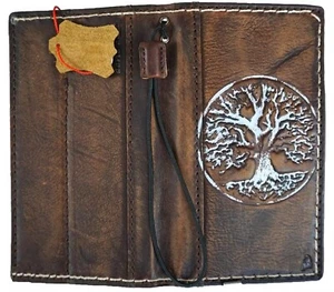 Genuine Leather case for Iphone 14 13 12 15 16 Pro Max Wallet 8 plus Tree Art 11 - Picture 1 of 10